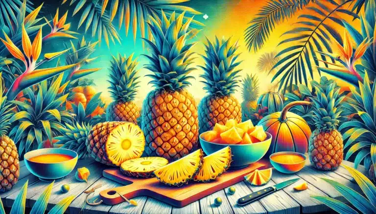Notre Blog 5 Une image vibrante d'ananas frais et juteux présentés de manière attrayante. Les ananas doivent être entiers et certains doivent être coupés en tranches pour révéler le fruit.