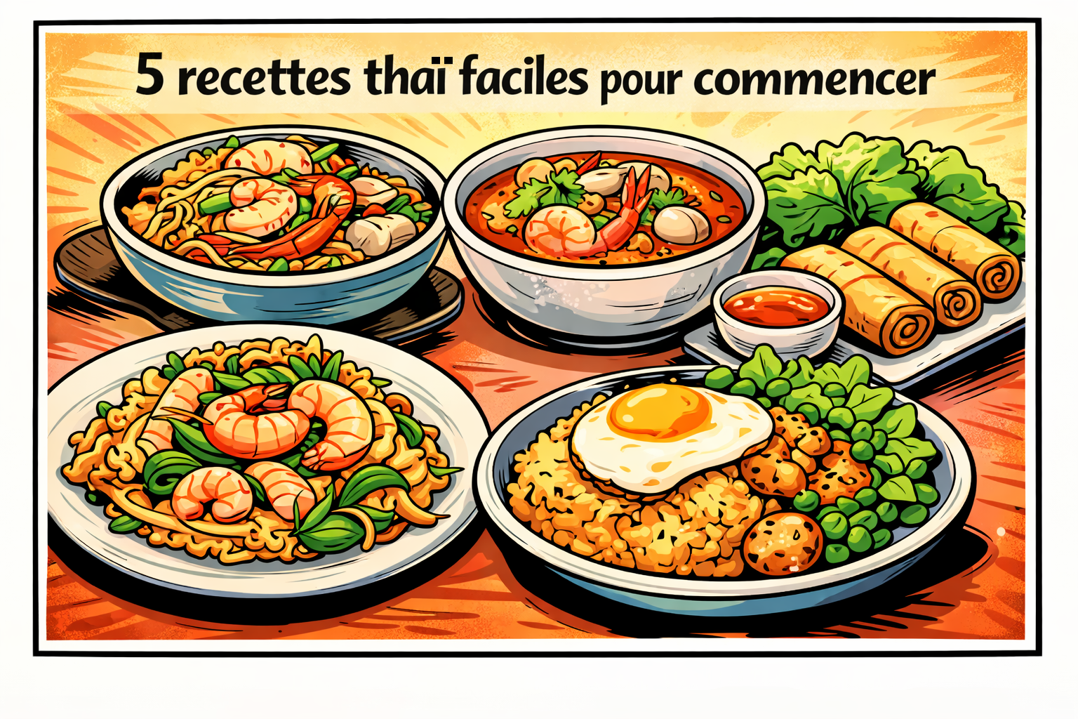 Illustration manga de recettes thaï faciles avec pad thaï, soupe thaï, riz sauté et rouleaux de printemps