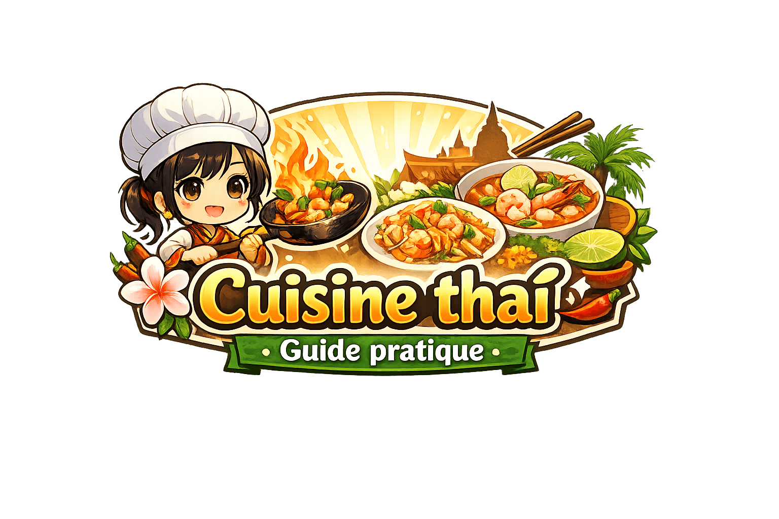 Badge illustré en style manga avec le texte « Cuisine thaï • Guide pratique », mettant en scène une petite cuisinière, un wok, des plats thaïs, des piments, du citron vert et des éléments décoratifs inspirés de la Thaïlande.