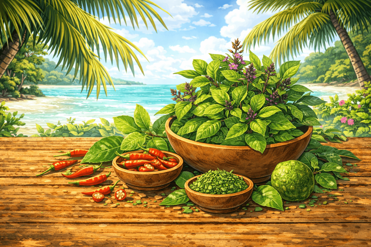Illustration en format 16:9 dans un style manga représentant du basilic thaï frais avec ses feuilles vertes et ses fleurs violettes, disposé dans un bol en bois sur une table rustique, avec une ambiance tropicale inspirée de la cuisine thaïlandaise.