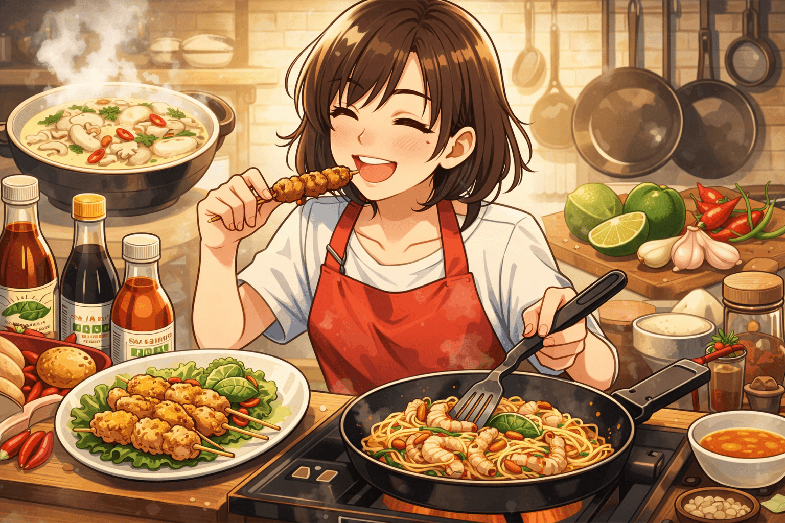 Illustration en format 16:9 dans un style manga représentant une personne en train de cuisiner plusieurs recettes thaï faciles dans une cuisine chaleureuse, avec un wok, des brochettes, une soupe, des piments, du citron vert et différents ingrédients autour d’elle.
