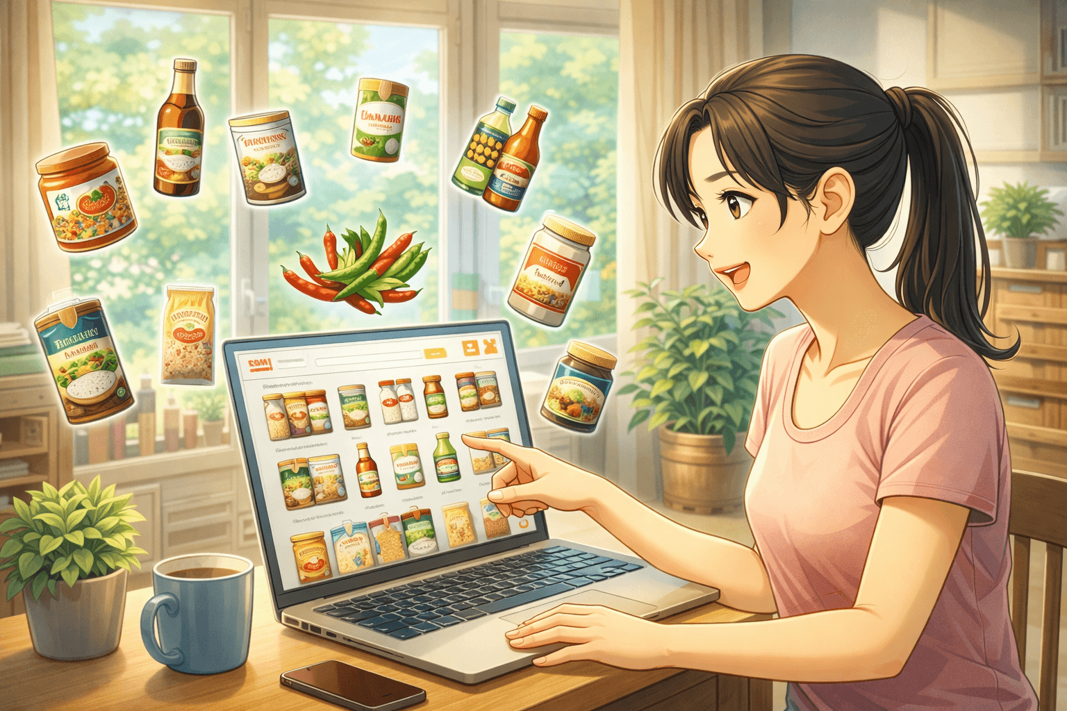 Illustration en format 16:9 dans un style manga représentant une personne qui cherche et commande des ingrédients thaïs en ligne sur un ordinateur portable, dans une ambiance chaleureuse à la maison, avec plusieurs produits asiatiques visibles à l’écran.