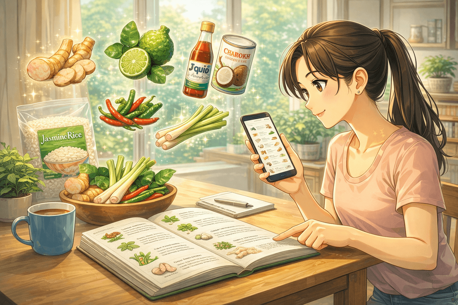 Illustration en format 16:9 dans un style manga représentant une personne en train de consulter un glossaire des ingrédients thaïs sur son téléphone et dans un livre ouvert, avec plusieurs ingrédients emblématiques visibles autour d’elle comme le riz jasmin, la citronnelle, le galanga, les piments, le combava et le lait de coco.