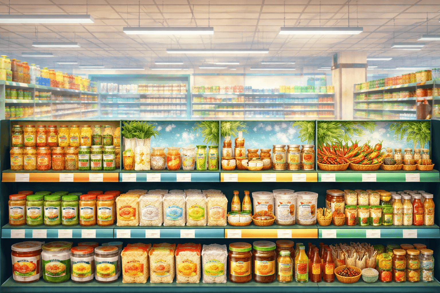 Illustration en format 16:9 dans un style manga représentant un rayon de grande surface rempli de produits asiatiques et d’ingrédients utiles pour cuisiner thaï, avec des sauces, pâtes de curry, nouilles, riz, condiments et autres produits du placard.