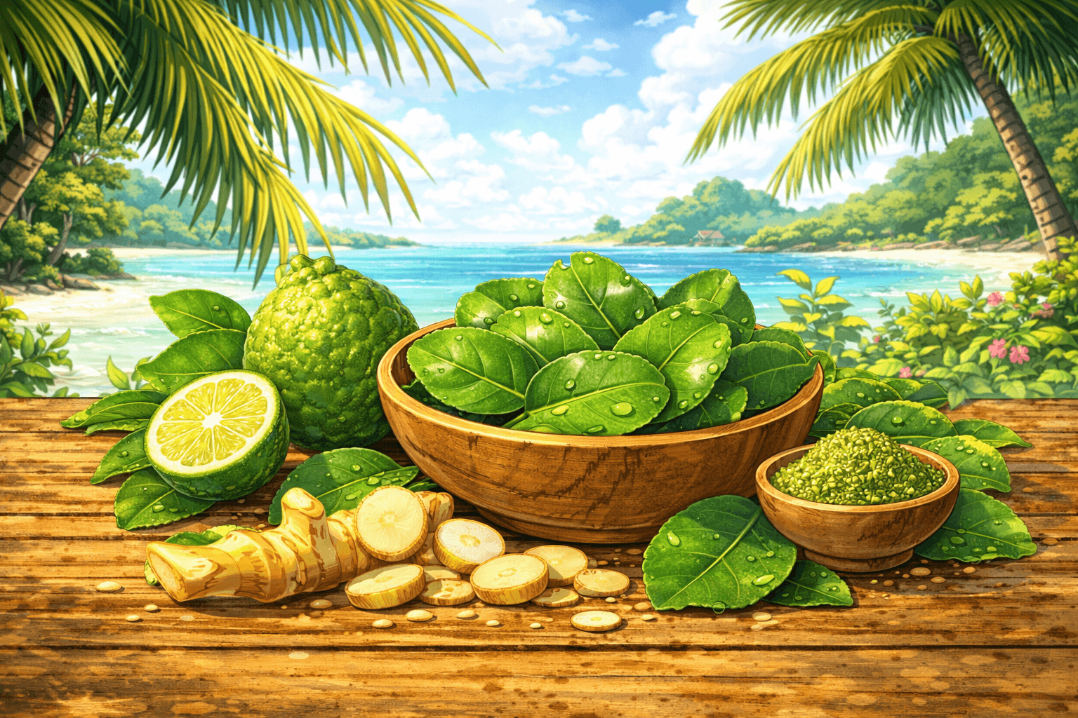 Illustration en format 16:9 dans un style manga représentant des feuilles de combava fraîches dans un bol en bois, accompagnées de combavas entiers et coupés, sur une table en bois dans une ambiance tropicale inspirée de la cuisine thaïlandaise.