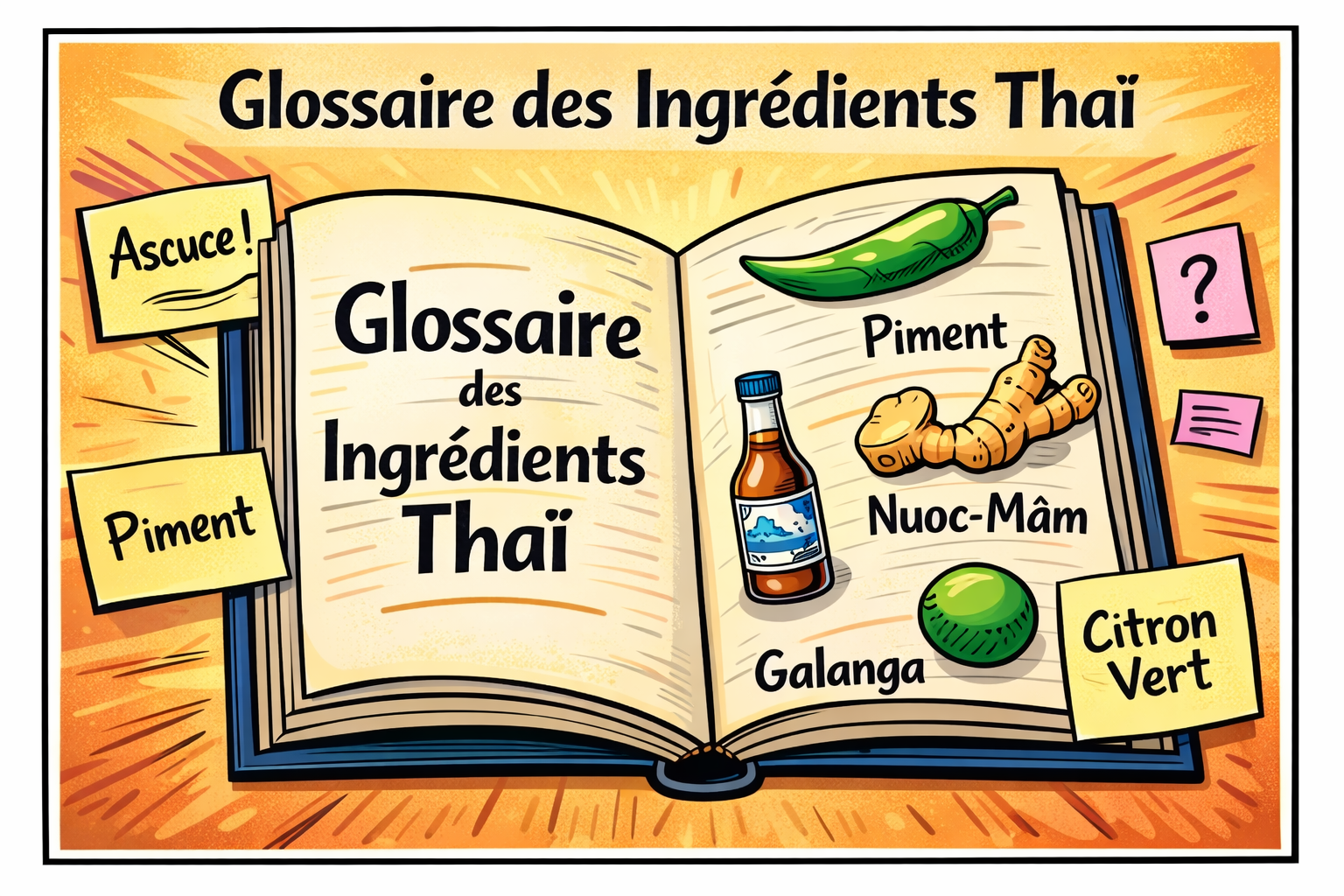 Illustration manga d’un glossaire des ingrédients thaï avec livre ouvert, piment, galanga, nuoc-mâm et citron vert