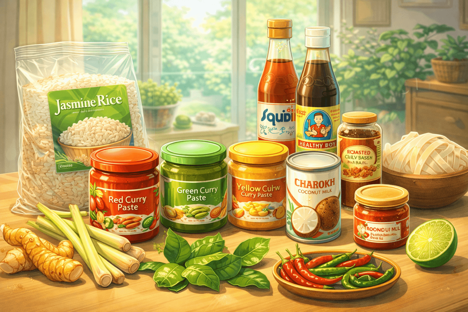 Illustration en format 16:9 dans un style manga représentant plusieurs ingrédients de base de la cuisine thaï disposés sur une table, avec notamment du riz jasmin, de la citronnelle, du galanga, des piments, des feuilles de combava, du lait de coco, des sauces et des pâtes de curry.