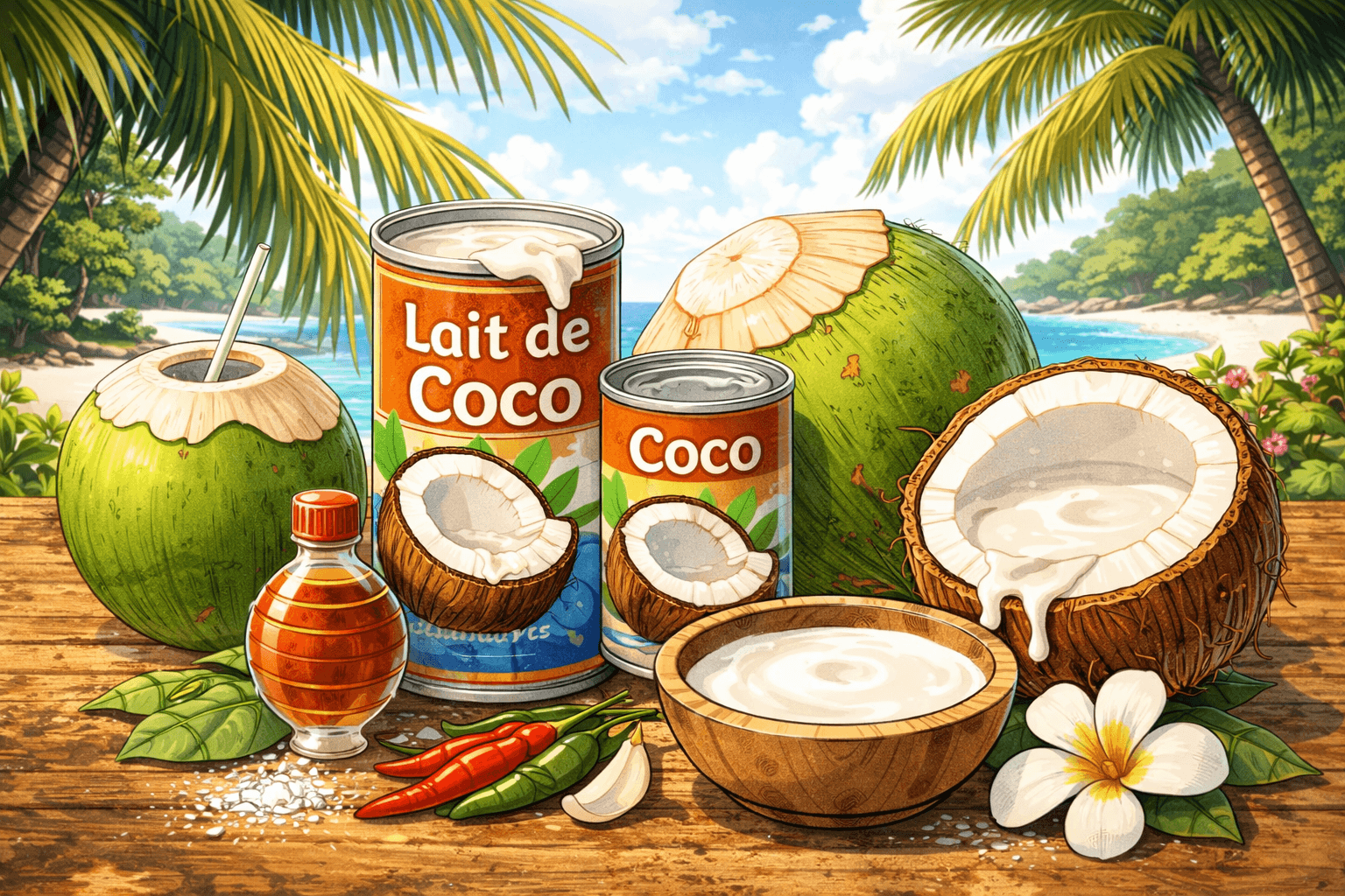 Les ingrédients thaïlandais à connaître pour bien cuisiner chez toi 4 Illustration en format 16:9 dans un style manga représentant du lait de coco, des noix de coco ouvertes et entières, des boîtes de lait de coco et un bol de crème de coco, posés sur une table en bois dans un décor tropical.