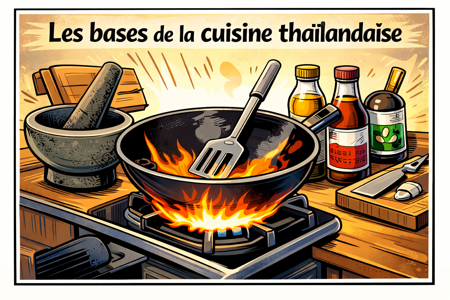 Illustration comics des bases de la cuisine thaïlandaise avec wok sur le feu, mortier, pilon et sauces asiatiques