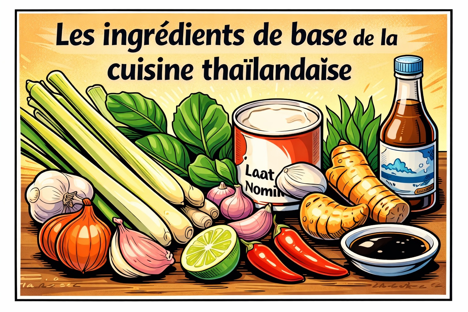 Illustration BD des ingrédients de base de la cuisine thaïlandaise avec citronnelle, ail, oignon, piment, citron vert, lait de coco et sauce poisson