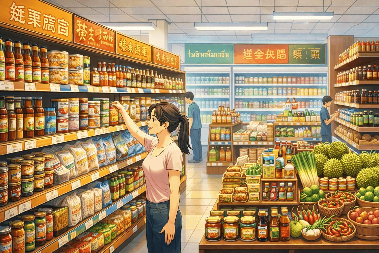 Illustration en format 16:9 dans un style manga représentant l’intérieur d’une épicerie asiatique avec des rayons remplis de sauces, pâtes de curry, riz, nouilles, condiments, fruits et légumes asiatiques, pendant qu’une cliente choisit un produit.