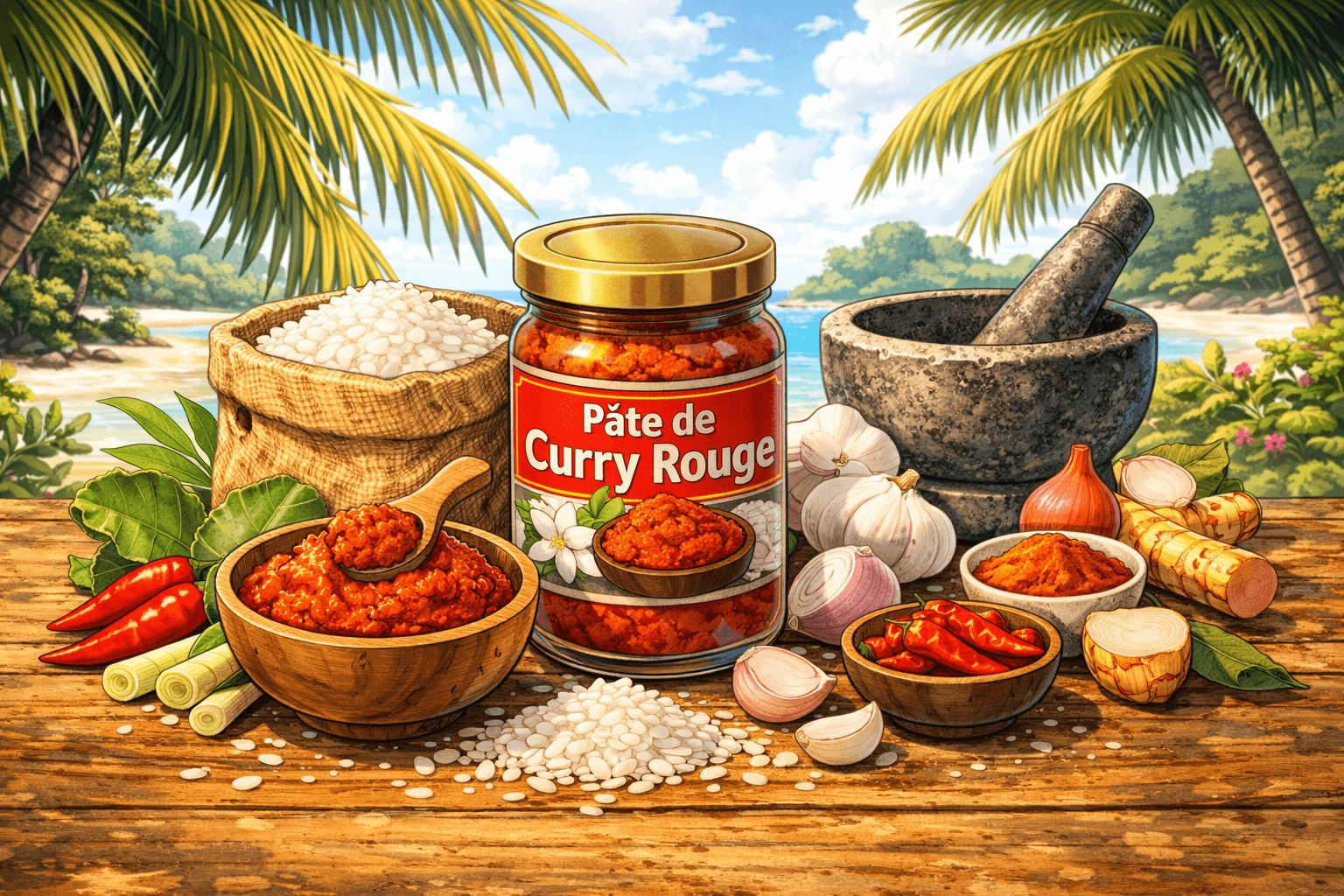 Les ingrédients thaïlandais à connaître pour bien cuisiner chez toi 6 Illustration en format 16:9 dans un style manga représentant de la pâte de curry rouge thaïlandaise dans un petit bol, entourée de piments rouges, d’ail, de citronnelle, de galanga et d’épices, sur une table en bois dans une ambiance tropicale.