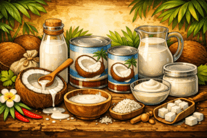 Illustration de lait de coco thaï avec différentes formes comme conserve, noix de coco fraîche et crème de coco