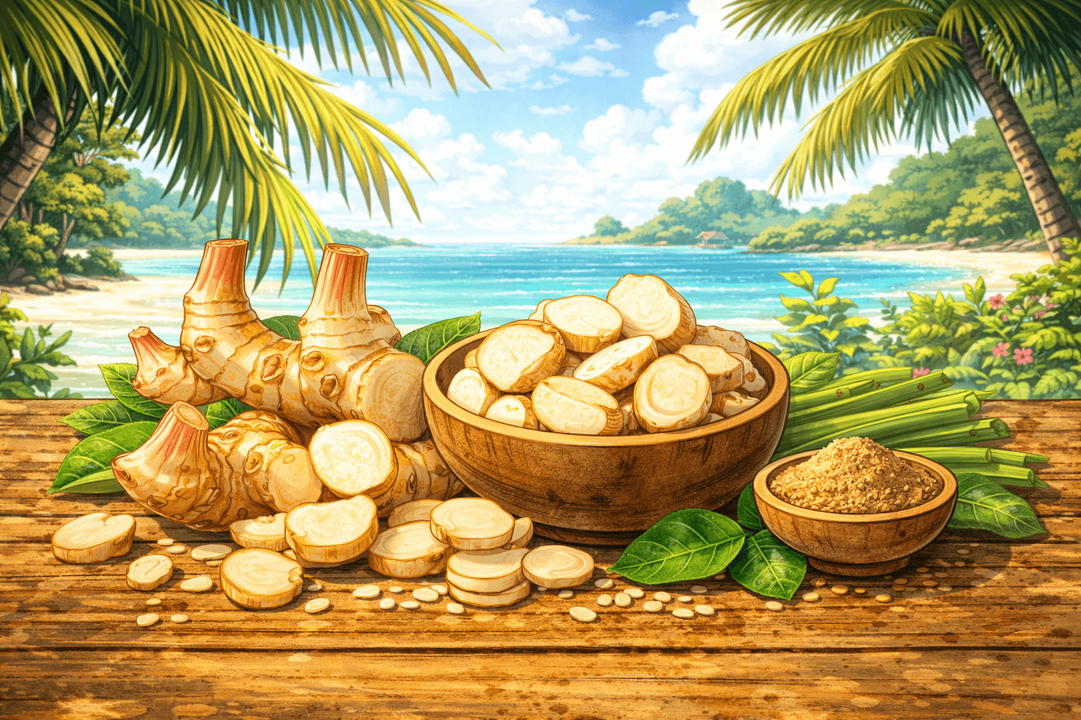 Illustration en format 16:9 dans un style manga représentant du galanga frais entier et coupé en rondelles, disposé sur une table en bois dans une ambiance tropicale inspirée de la cuisine thaïlandaise.