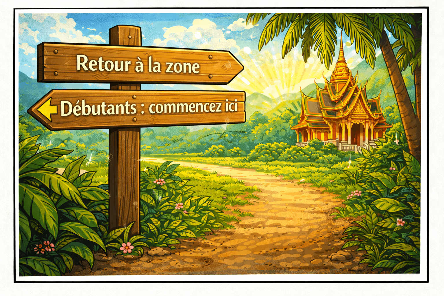 Illustration d’un panneau Retour à la zone Débutants commencez ici dans un décor tropical thaï au style BD