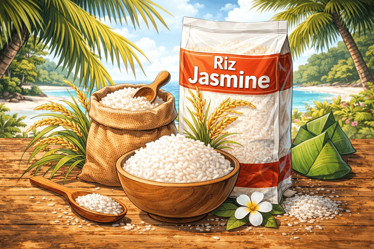 Les ingrédients thaïlandais à connaître pour bien cuisiner chez toi 5 Illustration en format 16:9 dans un style manga représentant du riz jasmin thaïlandais en sac, en bol et en cuillère en bois, posé sur une table rustique avec quelques épis de riz et un décor tropical en arrière-plan.