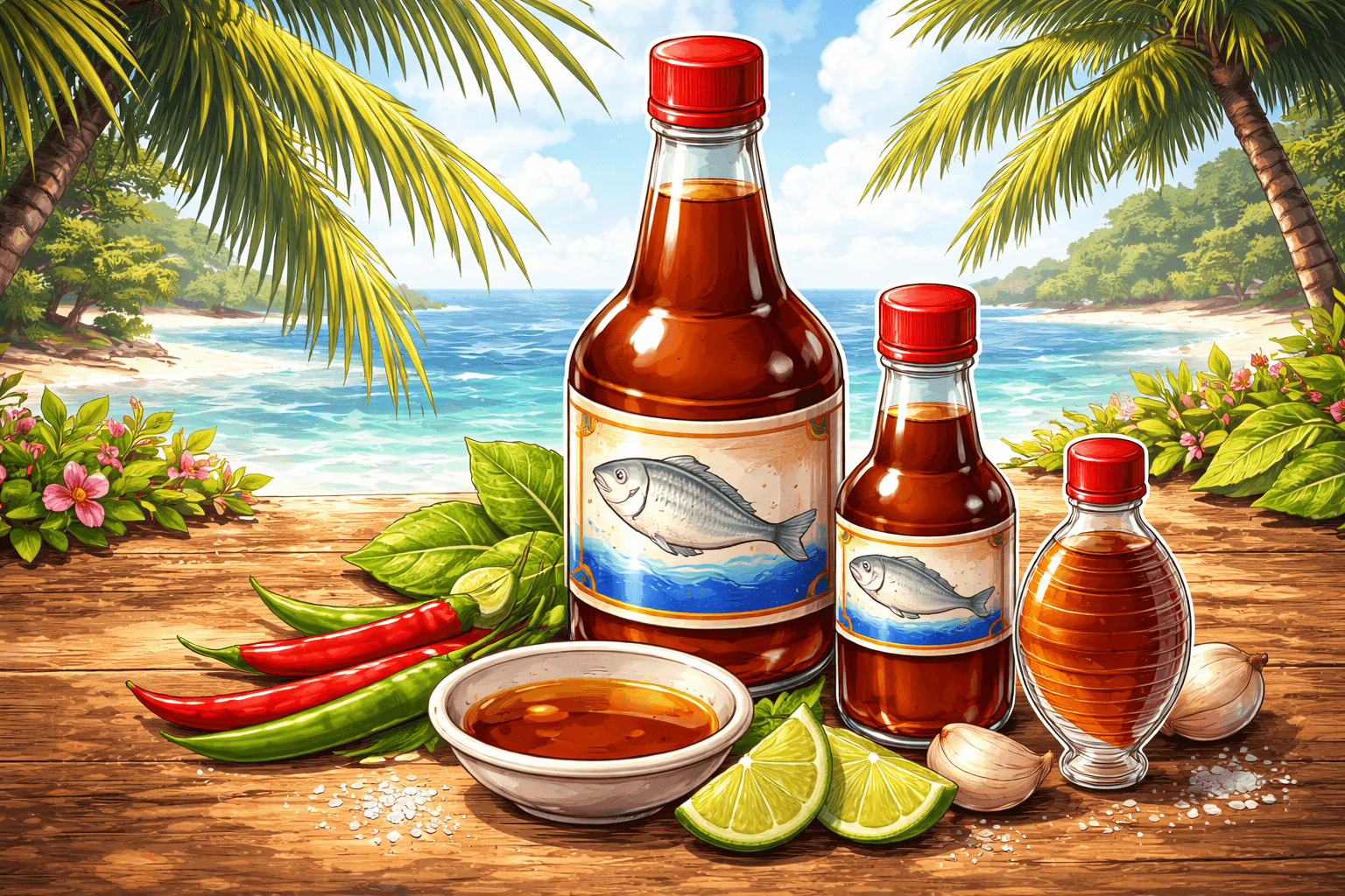 Les ingrédients thaïlandais à connaître pour bien cuisiner chez toi 3 Illustration en format 16:9 dans un style manga représentant plusieurs bouteilles de sauce poisson thaïlandaise posées sur une table en bois, accompagnées de piments, de citron vert, d’ail et d’une coupelle de sauce, avec un décor tropical en arrière-plan.