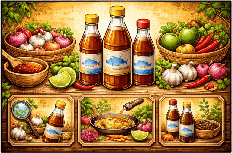 Illustration de sauce poisson thaïe avec bouteilles, citron vert, piment, ail et alternatives en style BD