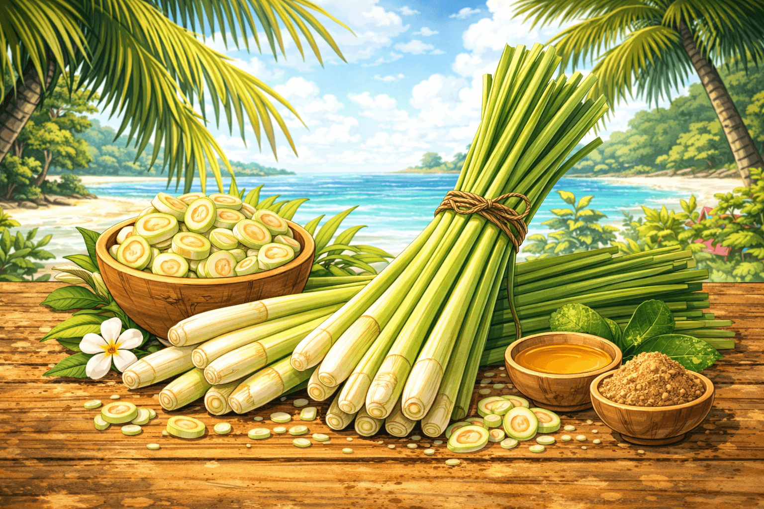 Les ingrédients thaïlandais à connaître pour bien cuisiner chez toi 7 Illustration en format 16:9 dans un style manga représentant de la citronnelle fraîche posée sur une table en bois, avec des tiges entières et coupées, dans une ambiance tropicale inspirée de la cuisine thaïlandaise.