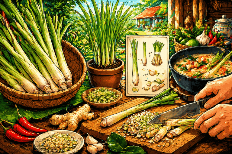 Illustration de citronnelle thaï avec tiges fraîches, préparation et utilisation en cuisine en style BD