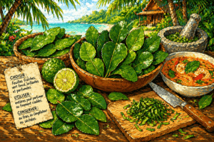 Illustration de feuilles de combava avec citron kaffir, préparation et utilisation en cuisine thaïlandaise en style BD