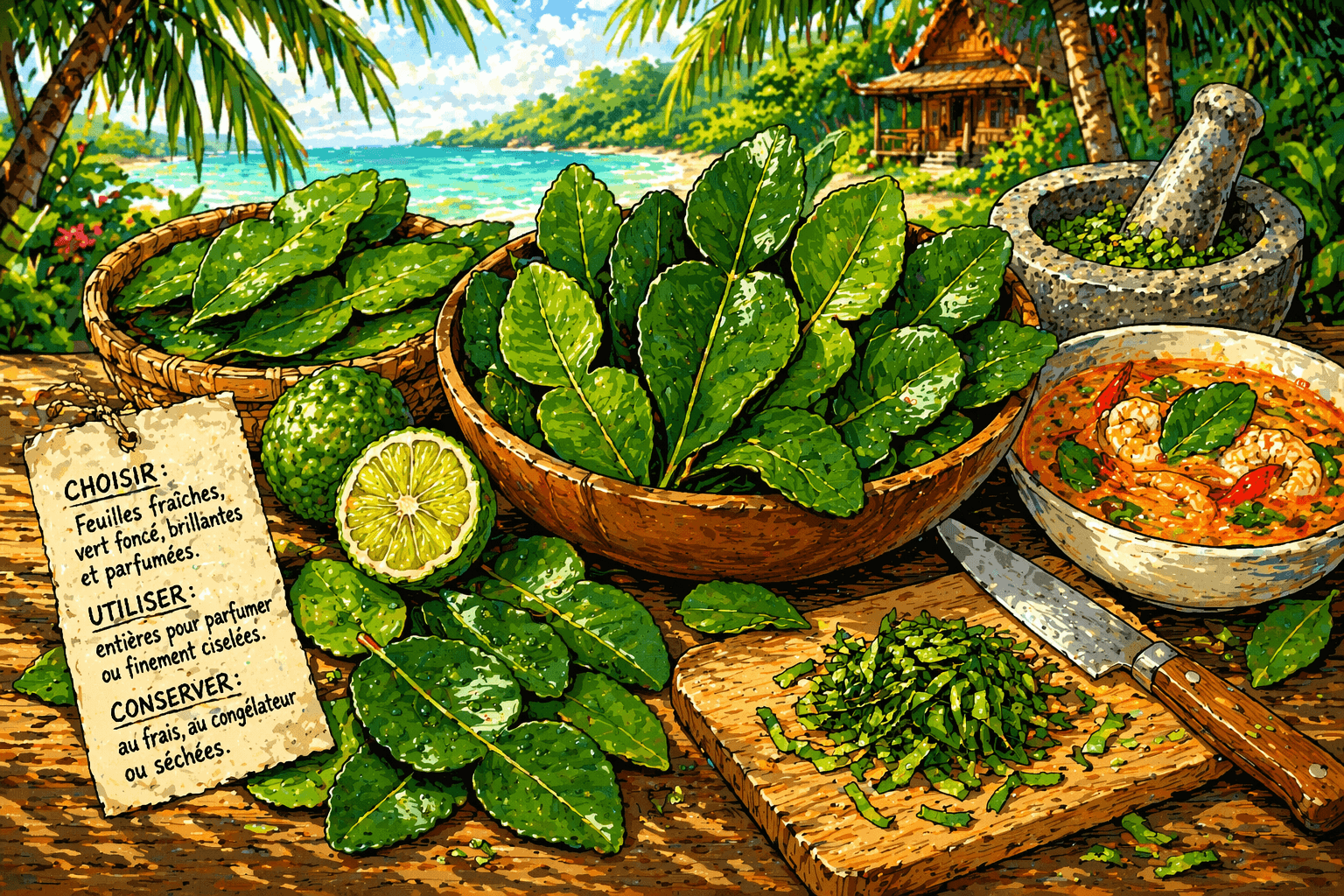 Illustration de feuilles de combava avec citron kaffir, préparation et utilisation en cuisine thaïlandaise en style BD