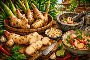 Illustration de galanga frais avec préparation en cuisine thaïlandaise en style BD