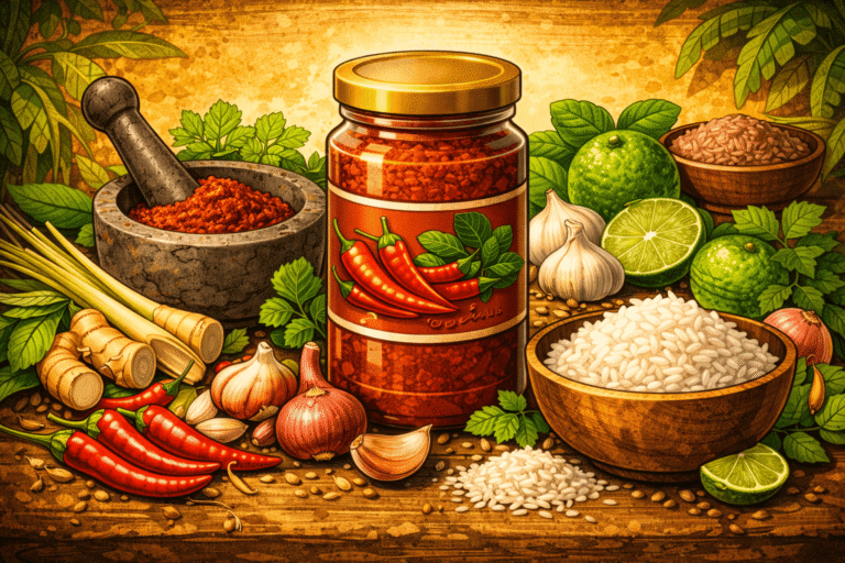 Illustration de pâte de curry rouge thaïe avec piments, citronnelle, ail, galanga et riz en style BD