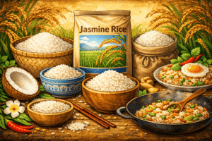 Illustration de riz au jasmin thaï avec riz cru, riz cuit et plat sauté en style BD