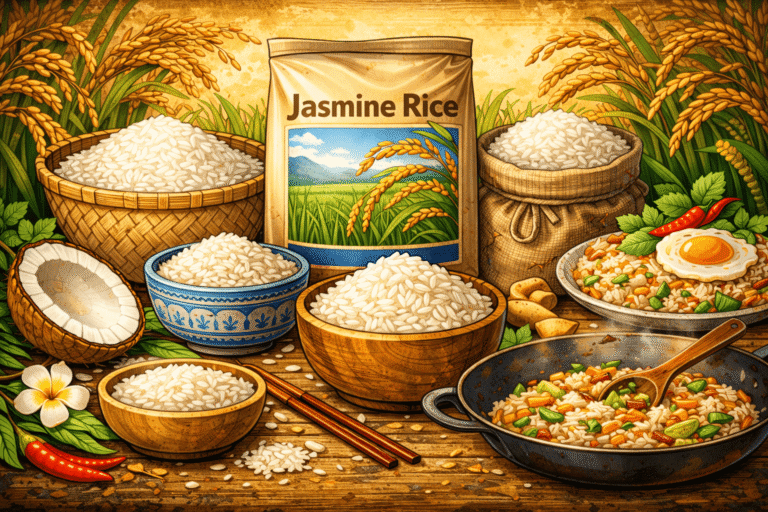 Illustration de riz au jasmin thaï avec riz cru, riz cuit et plat sauté en style BD