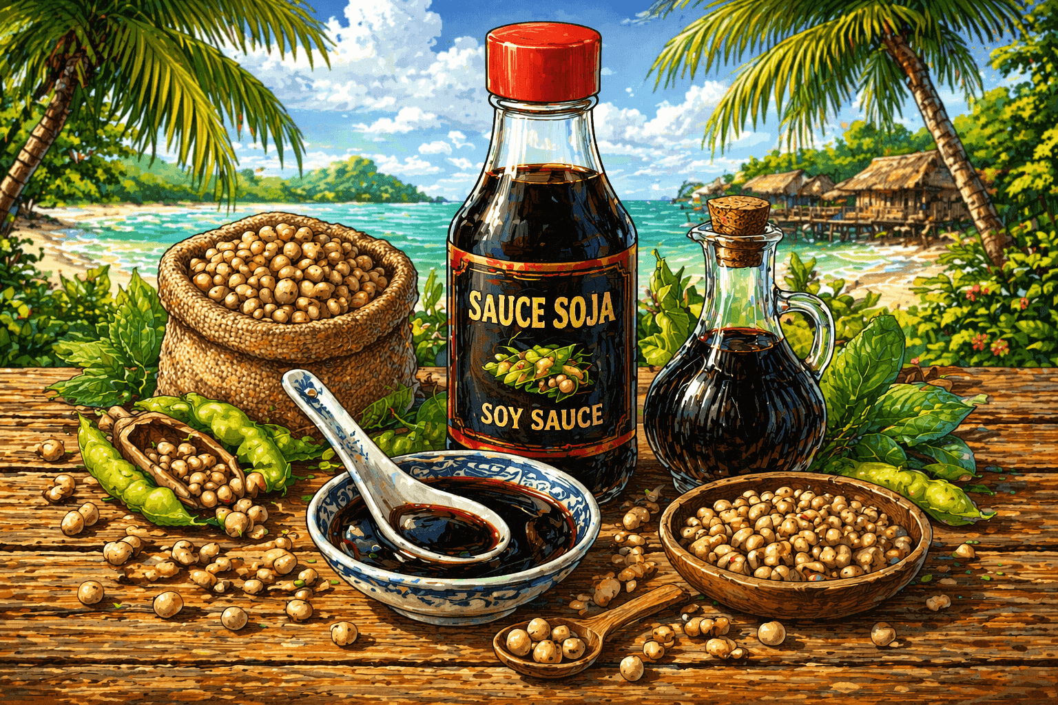 Illustration de sauce soja avec bouteille, bol de sauce et graines de soja dans un décor tropical en style BD