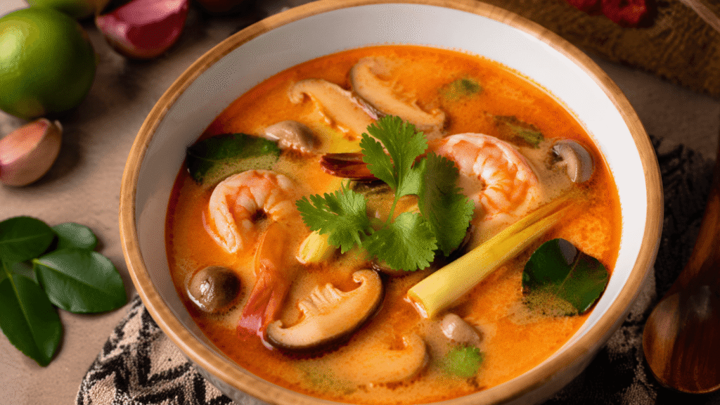 Feuilles de combava : comment les choisir, les utiliser et les conserver 4 Soupe thaïe parfumée aux feuilles de combava avec crevettes, champignons et citronnelle