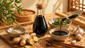 Illustration éditoriale autour de la sauce soja avec bouteille, petit bol, baguettes et ingrédients asiatiques