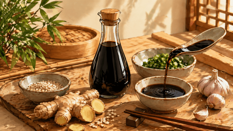 Illustration éditoriale autour de la sauce soja avec bouteille, petit bol, baguettes et ingrédients asiatiques