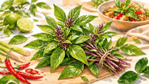 Illustration douce de basilic thaï frais entouré de piments, citronnelle, feuilles de combava et d’un plat thaï