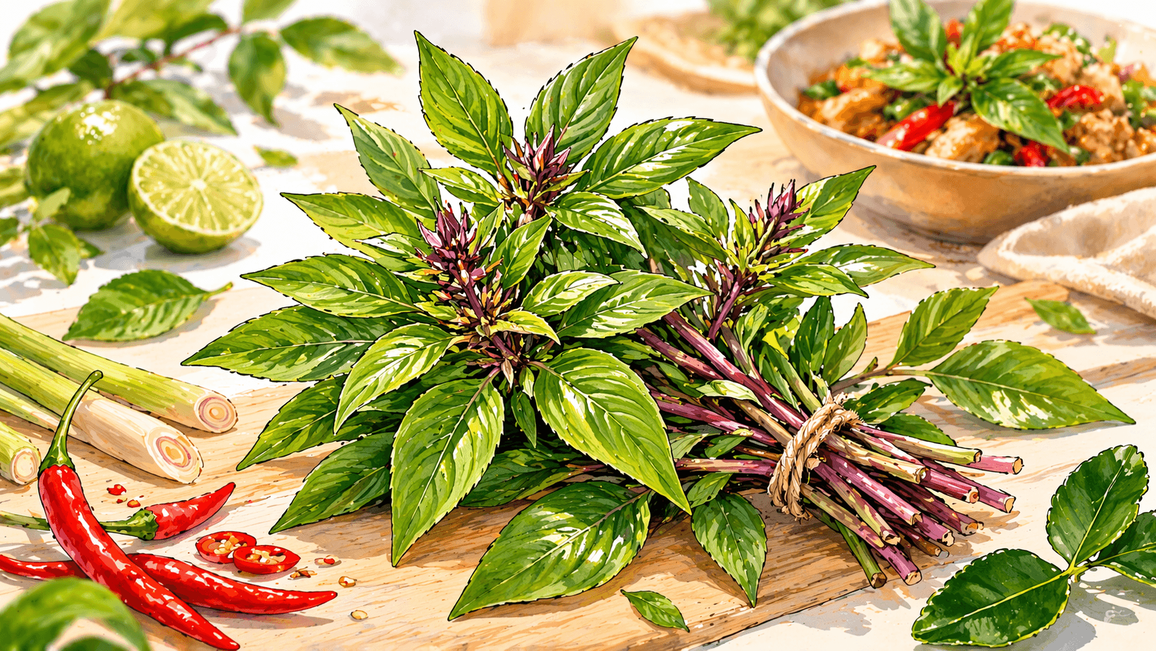 Illustration douce de basilic thaï frais entouré de piments, citronnelle, feuilles de combava et d’un plat thaï