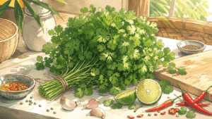 Illustration manga d’un bouquet de coriandre fraîche avec citron vert, piments et ail en cuisine thaïe