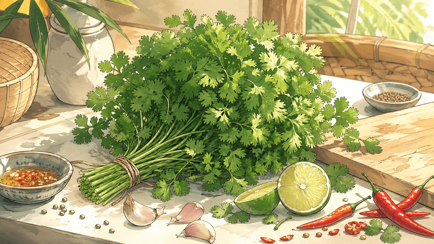 Illustration manga d’un bouquet de coriandre fraîche avec citron vert, piments et ail en cuisine thaïe