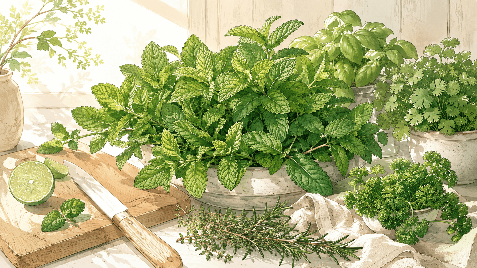 Illustration douce de menthe fraîche avec basilic, coriandre, persil, thym et romarin sur une table de cuisine lumineuse